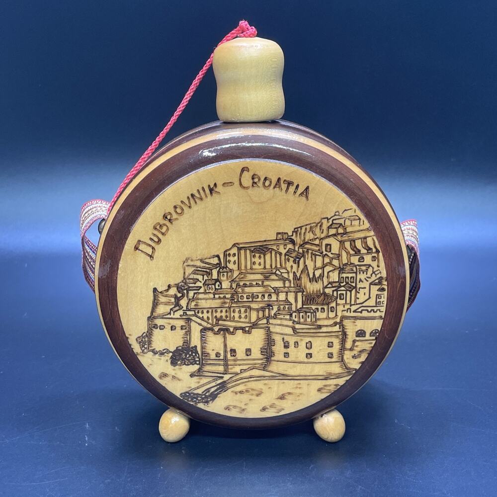 Vtg Wood Flask Canteen Handcrafted Folk Art Carved Pyrography Dubrovnik Croatia